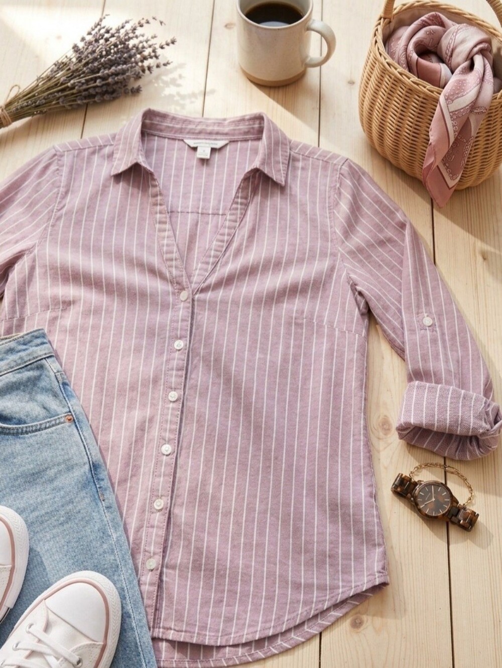 Classic Mauve Pink & White Vertical Striped Button Down Shirt S